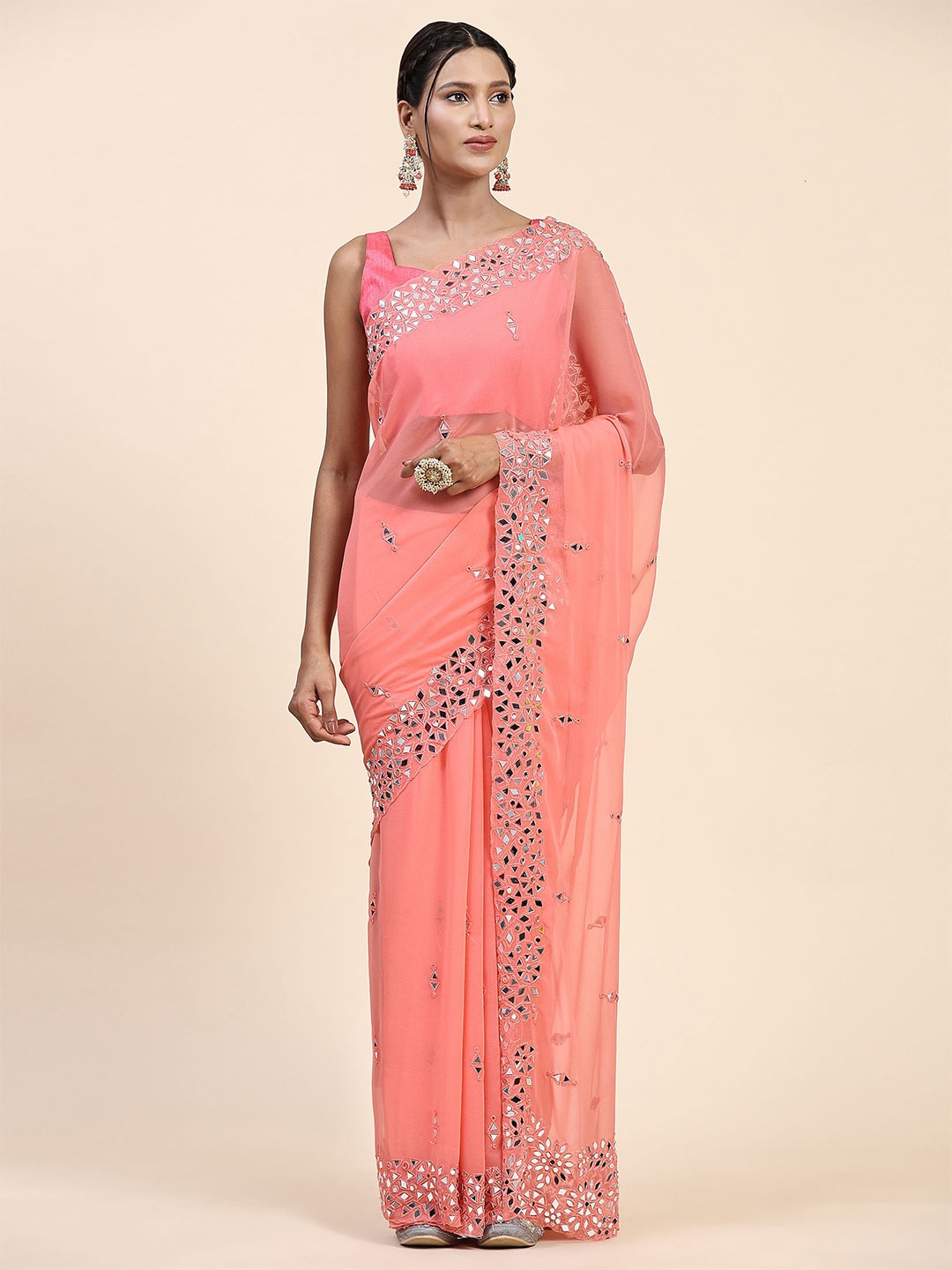 Vastrasky Global Mirror Work Embellished Sarees, Peach