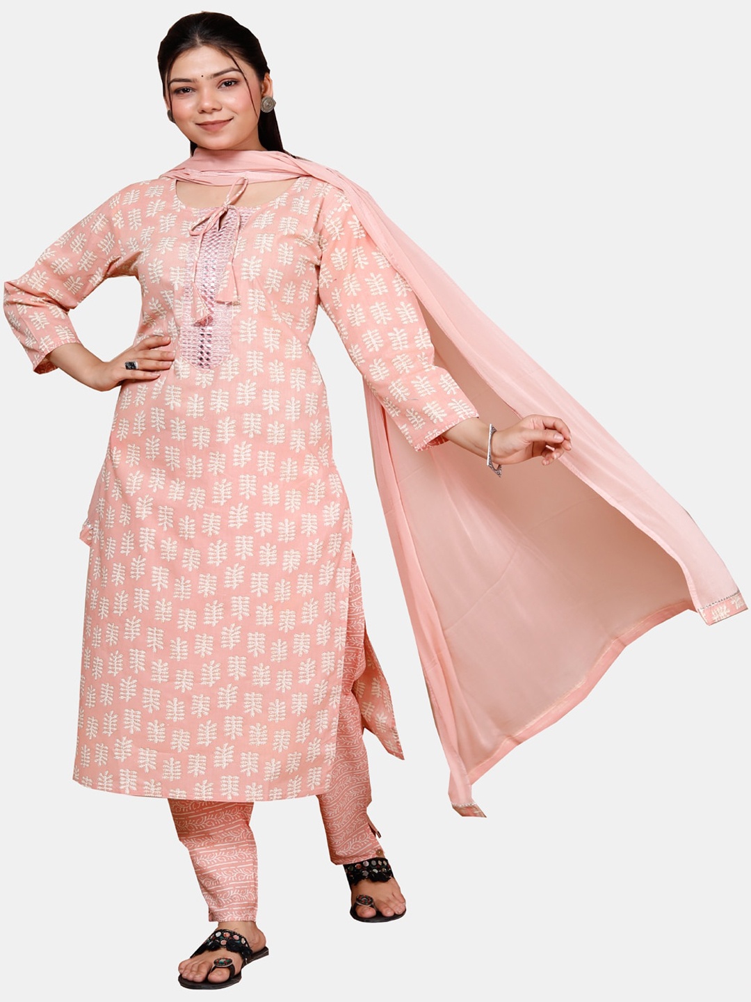 KALINI Women Floral Printed Regular Mirror Work Pure Cotton Kurta with Trousers & Dupatta, Peach
KALINI Women Floral Printed Regular Mirror Work Pure Cotton Kurta with Trousers & Dupatta, Peach