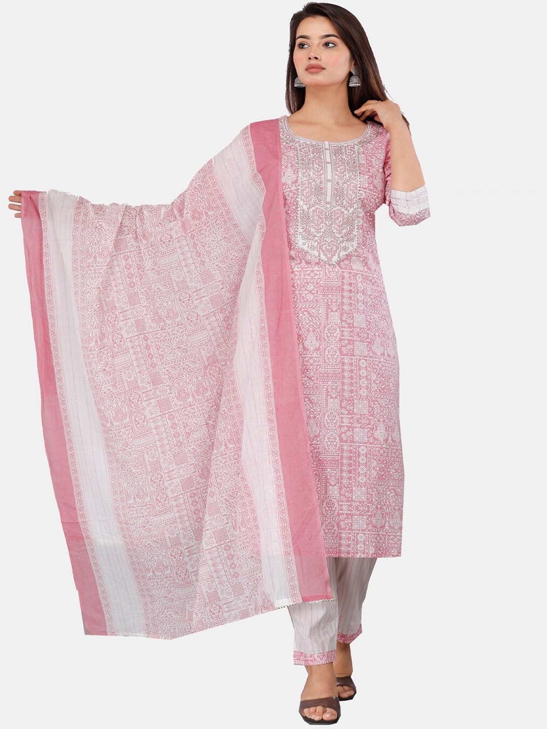 KALINI Ethnic Motifs Printed Gotta Patti Pure Cotton Kurta with Trousers & Dupatta, Pink
KALINI Ethnic Motifs Printed Gotta Patti Pure Cotton Kurta with Trousers & Dupatta, Pink