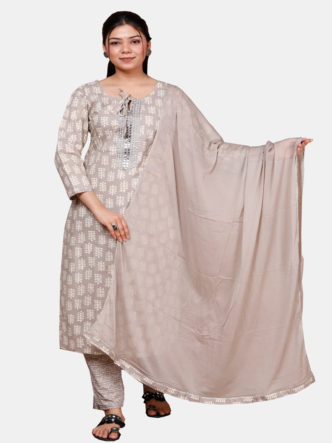 KALINI Floral Printed Regular Mirror Work Pure Cotton Kurta with Trousers & Dupatta, Brown
KALINI Floral Printed Regular Mirror Work Pure Cotton Kurta with Trousers & Dupatta, Brown