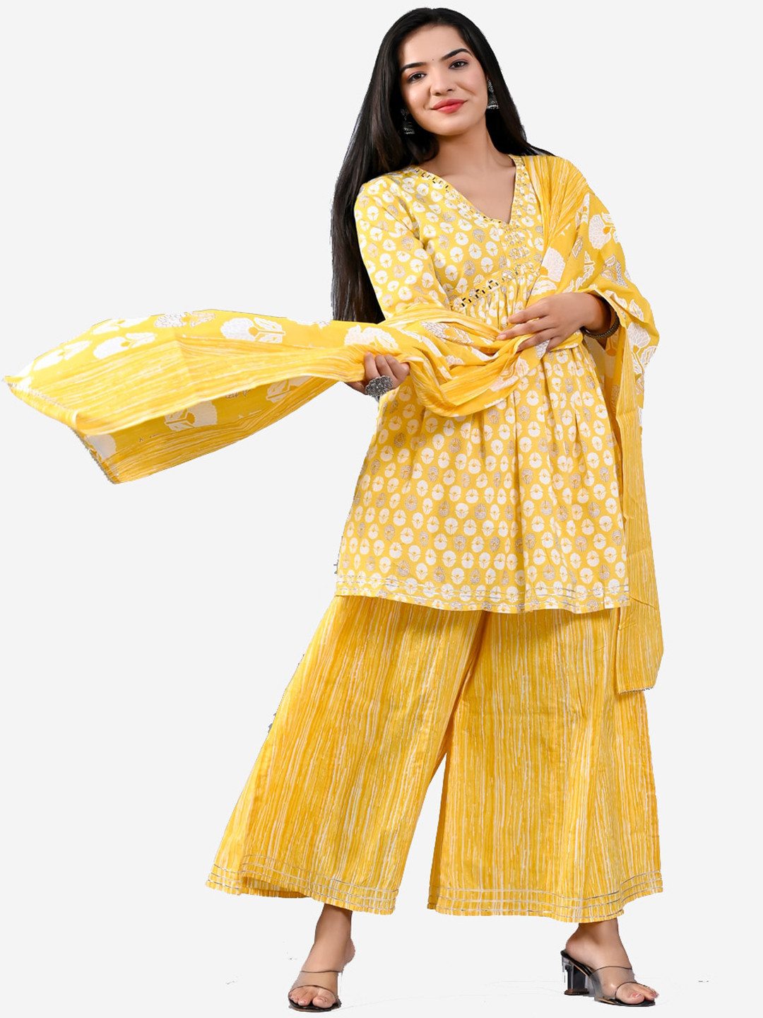 KALINI Floral Printed Pleated Mirror Work Pure Cotton Kurta With Sharara & Dupatta, Yellow
KALINI Floral Printed Pleated Mirror Work Pure Cotton Kurta With Sharara & Dupatta, Yellow