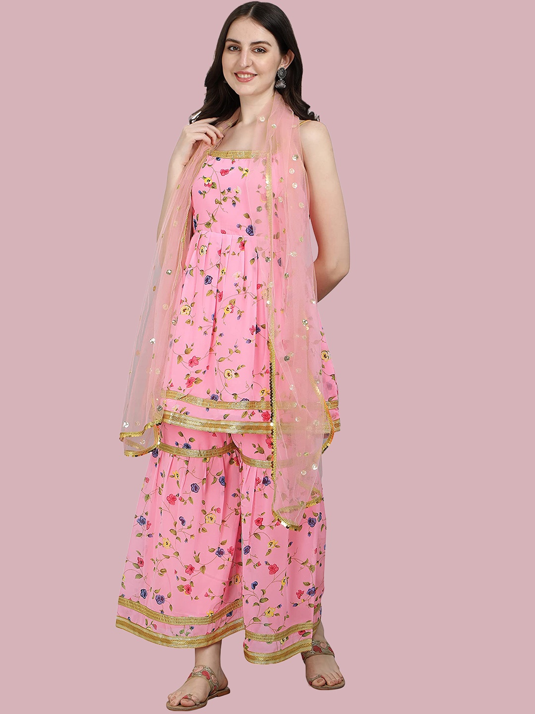 KALINI Floral Printed Shoulder Strapped A-line Georgette Kurta With Sharara & With Dupatta, Pink
KALINI Floral Printed Shoulder Strapped A-line Georgette Kurta With Sharara & With Dupatta, Pink