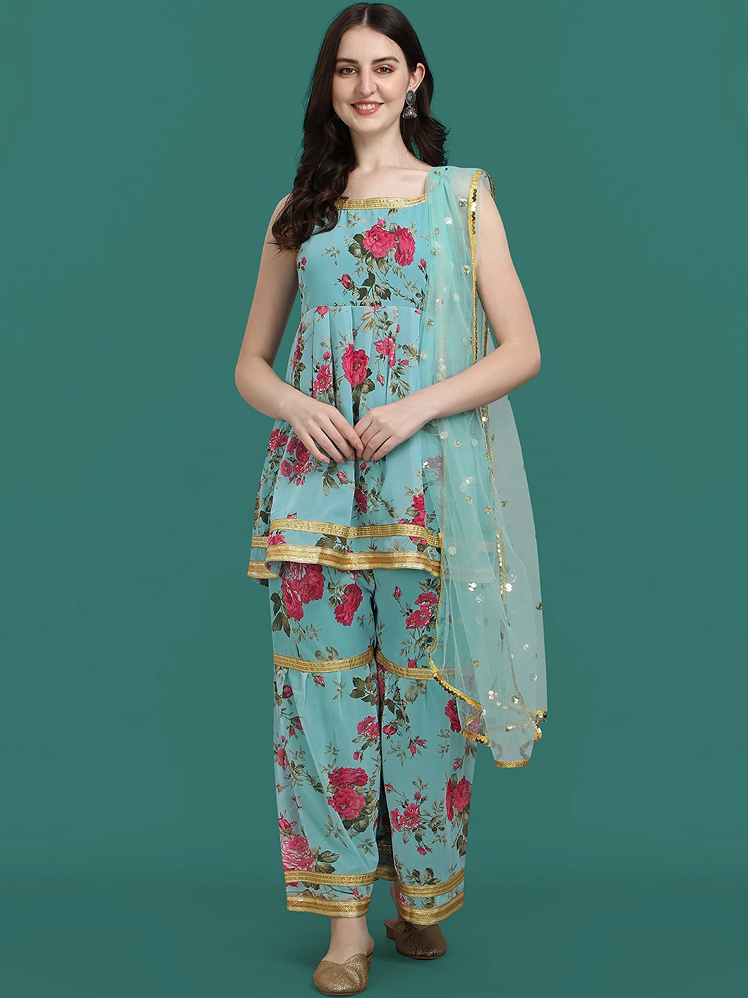 KALINI Floral Printed Pleated Georgette Gotta Patti Kurta With Sharara & Dupatta, Blue
KALINI Floral Printed Pleated Georgette Gotta Patti Kurta With Sharara & Dupatta, Blue