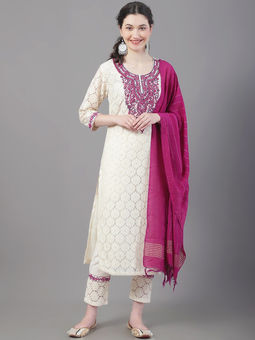 Tulsattva Embroidered Thread Work Pure Cotton Kurta with Trousers & With Dupatta, Beige
Tulsattva Embroidered Thread Work Pure Cotton Kurta with Trousers & With Dupatta, Beige