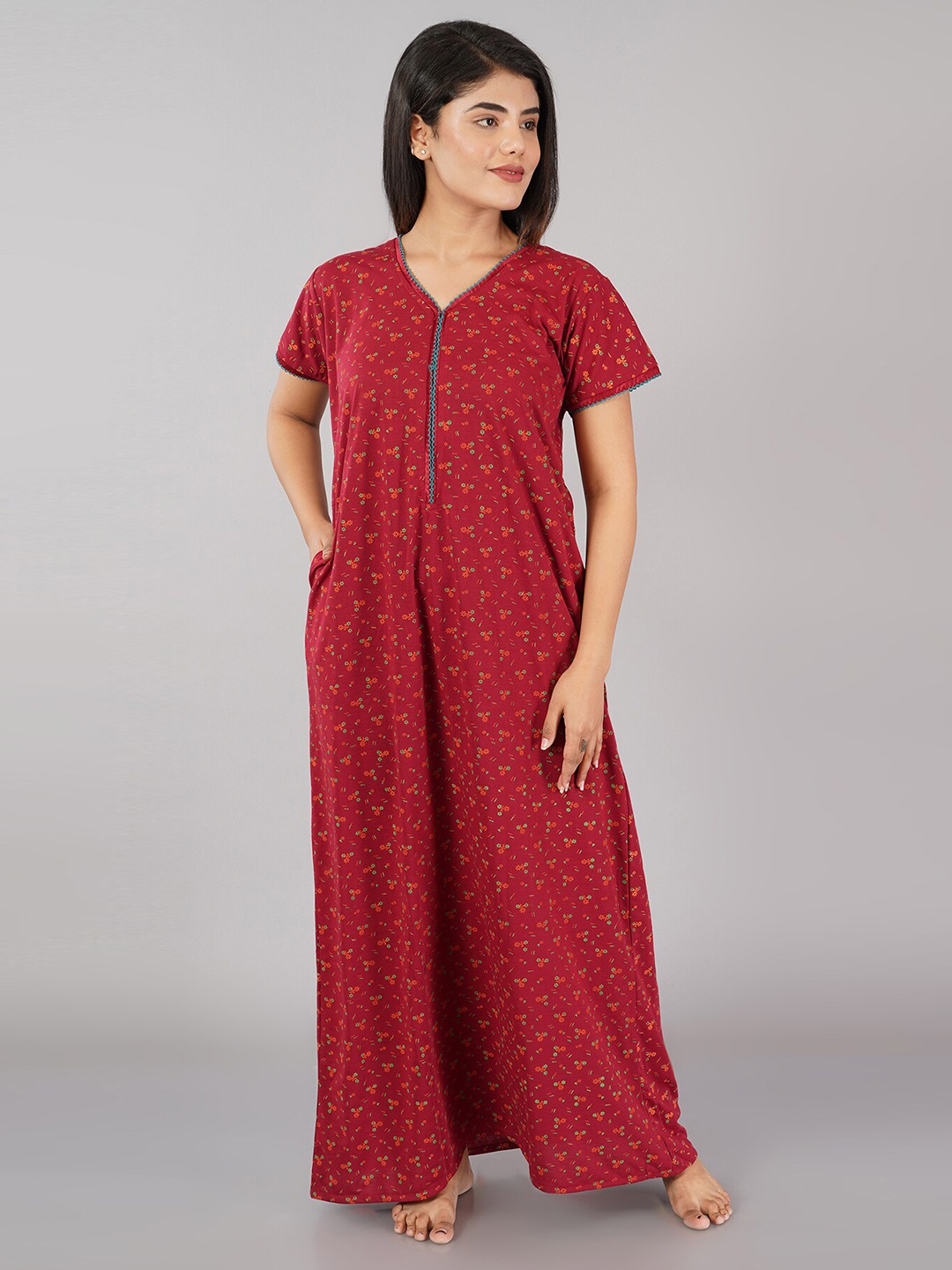 Noty Floral Printed Maxi Nightdress, Maroon