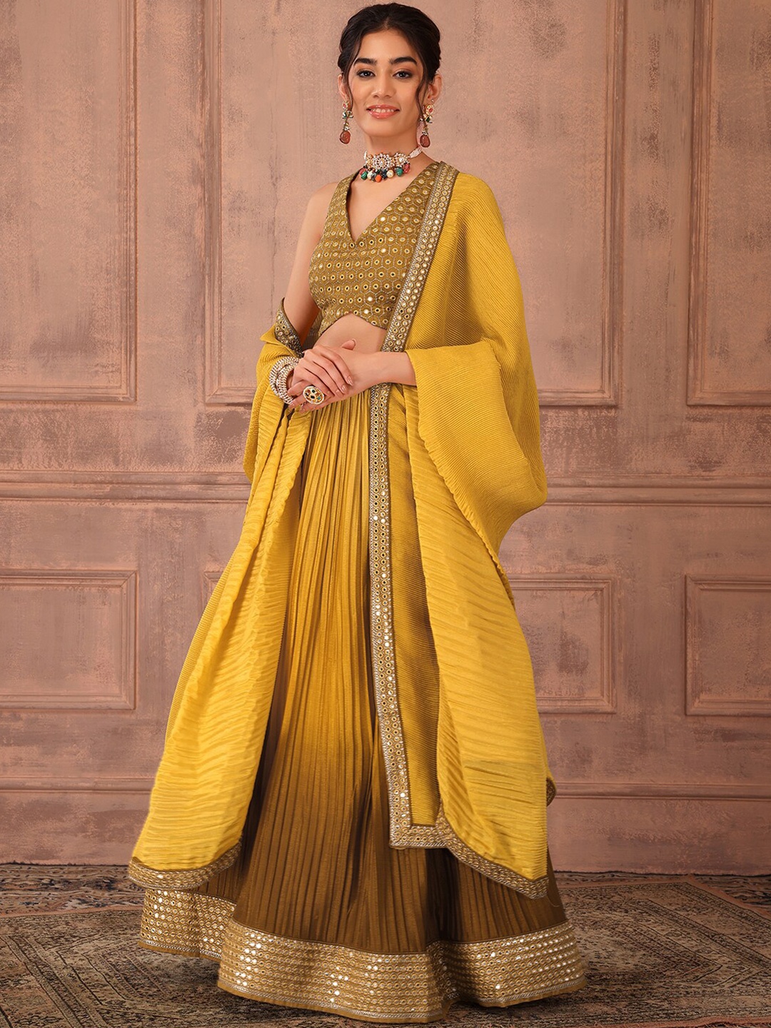 Indya Luxe Yellow & Gold-Toned Embroidered Mirror Work Ready to Wear Lehenga & Blouse With Dupatta
Indya Luxe Yellow & Gold-Toned Embroidered Mirror Work Ready to Wear Lehenga & Blouse With Dupatta