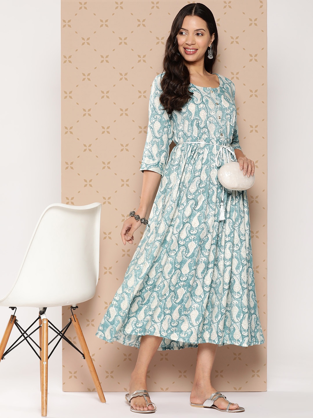 ZOLA Ethnic Motifs Print A-Line Midi Dress with Tie-Ups Detail, Blue