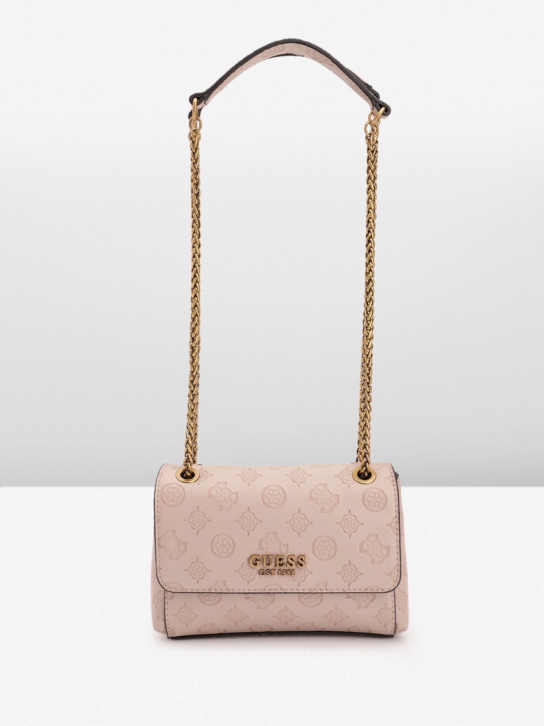 GUESS Women Brand Logo Textured Structured Sling Bag, Beige