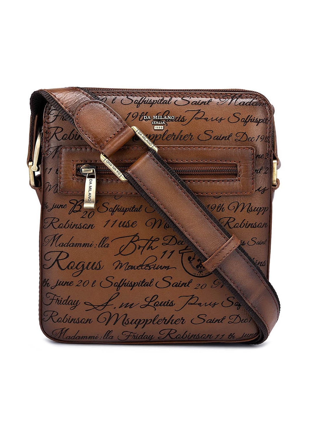 Da Milano Typography Printed Leather Structured Sling Bag, Brown