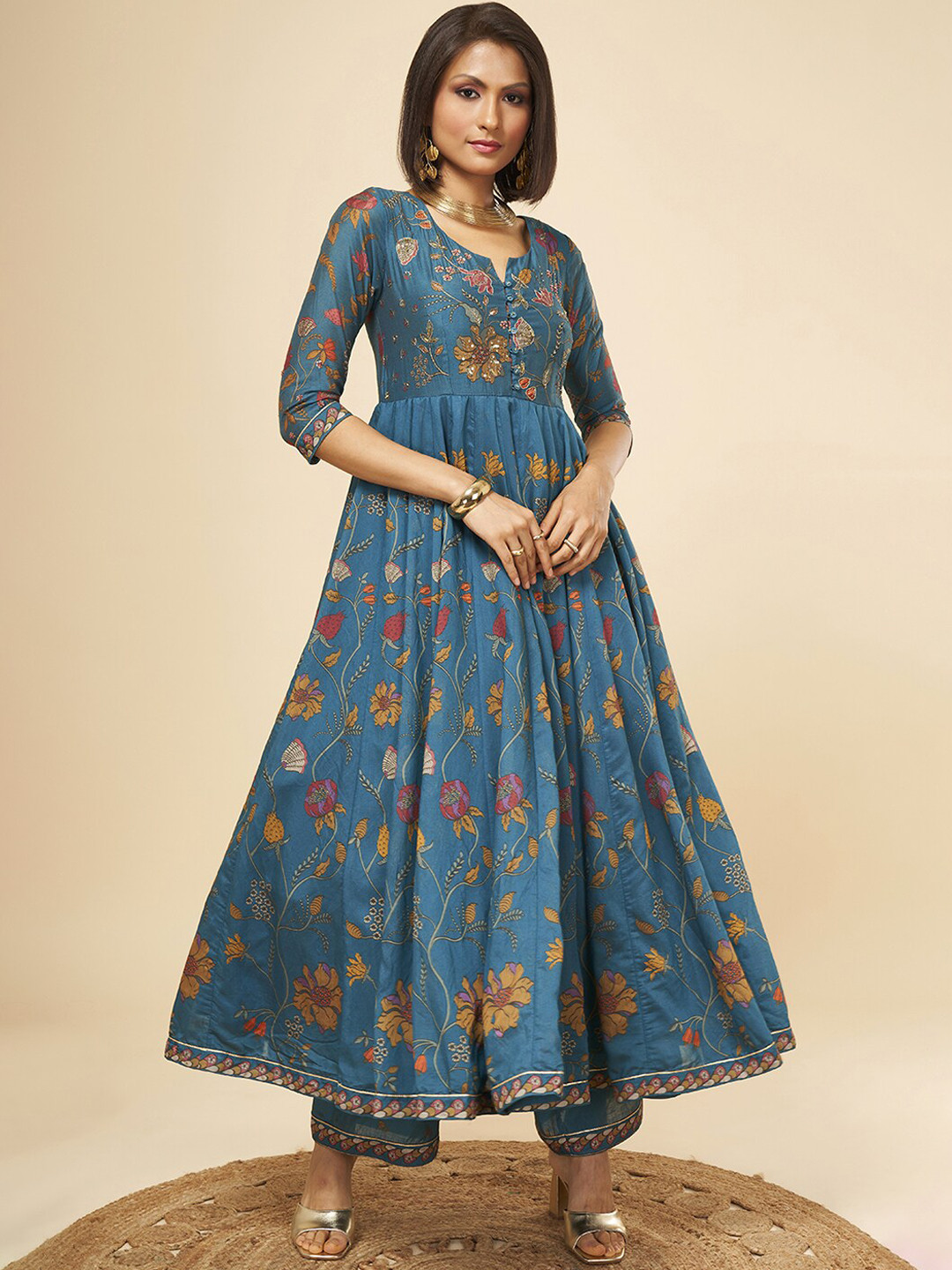 Marigold Lane Ethnic Motifs Embroidered Angrakha Chanderi Silk Kurta with Trousers & With, Teal