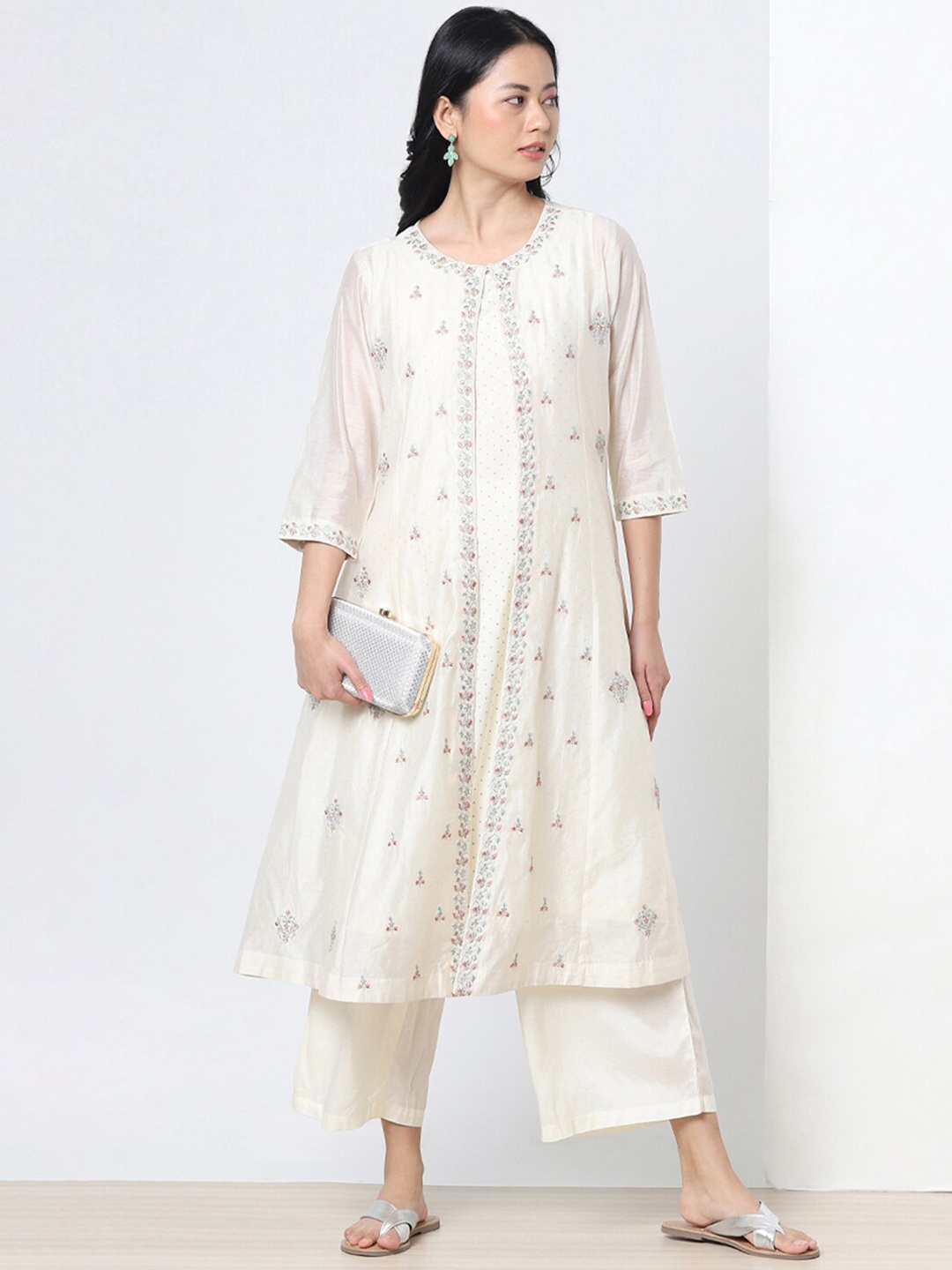 Marigold Lane Ethnic Motifs Embroidered Layered Chanderi Silk Kurta with Palazzos, Off white
Marigold Lane Ethnic Motifs Embroidered Layered Chanderi Silk Kurta with Palazzos, Off white