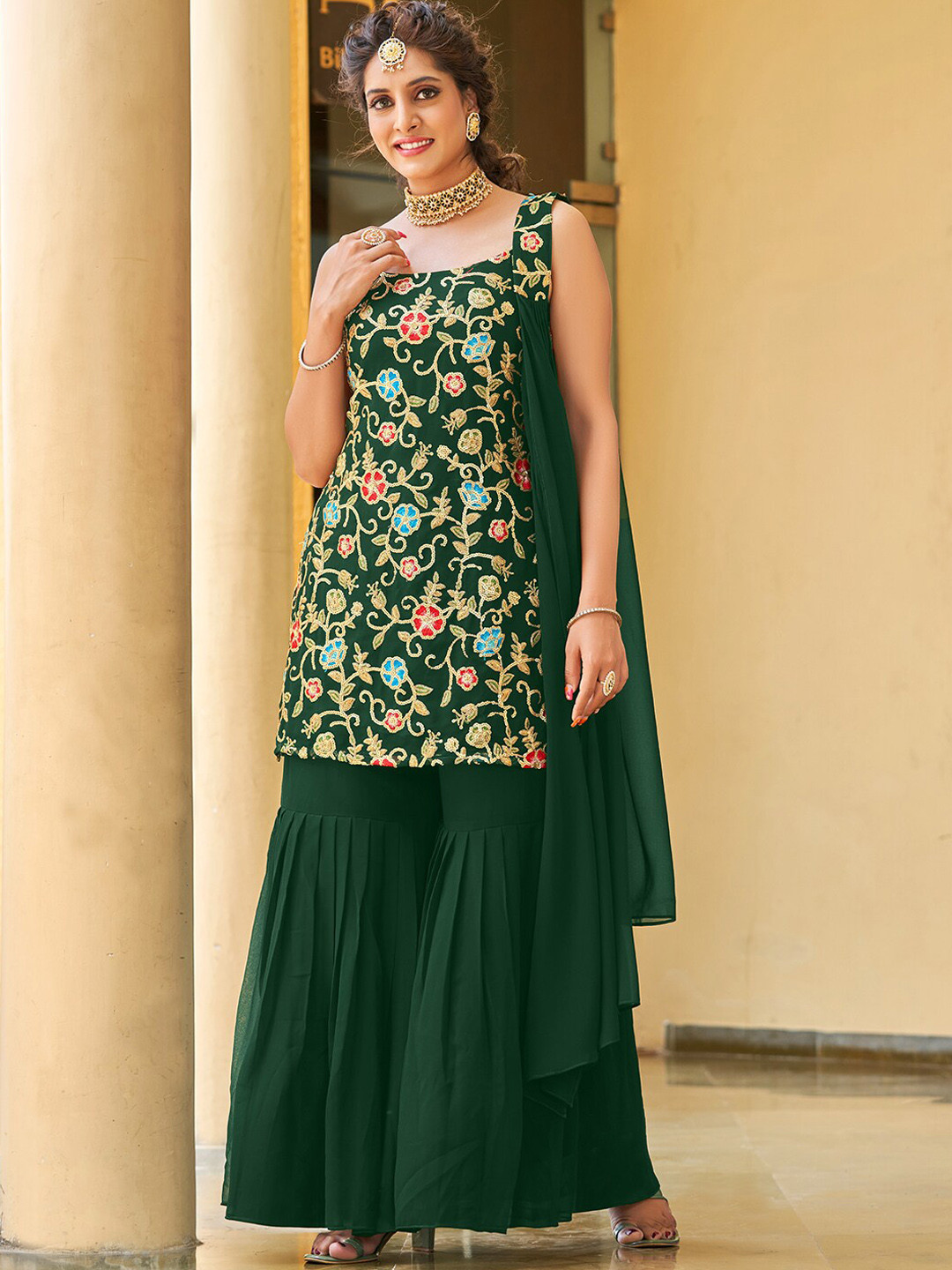 KALINI Floral Embroidered Sequinned Kurta with Sharara & With Dupatta, Green
KALINI Floral Embroidered Sequinned Kurta with Sharara & With Dupatta, Green