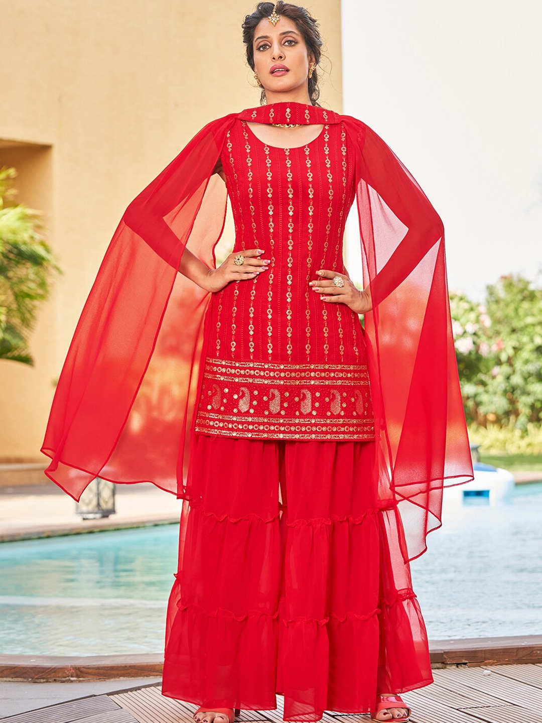 KALINI Ethnic Motifs Embroidered Regular Sequinned Kurta With Sharara & Dupatta, Red
KALINI Ethnic Motifs Embroidered Regular Sequinned Kurta With Sharara & Dupatta, Red