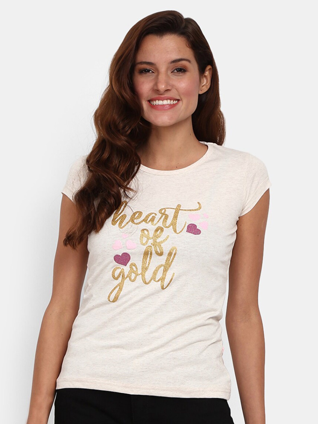 V-Mart Typography Printed Cotton T-Shirt, Cream