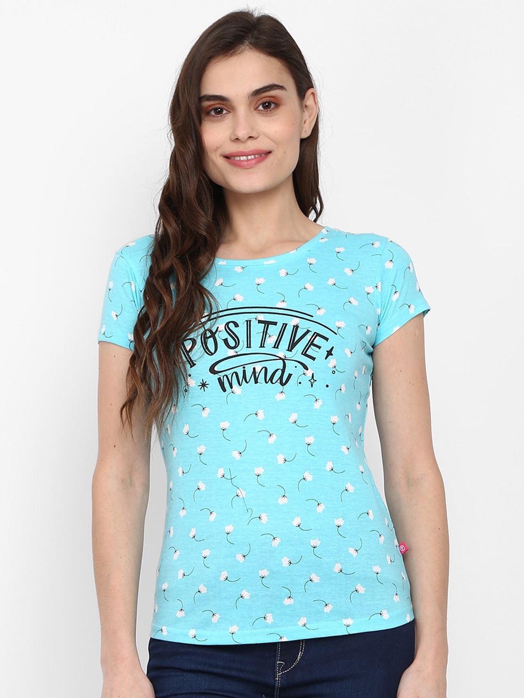 V-Mart Typography Printed Round Neck T-shirt, Sea green
