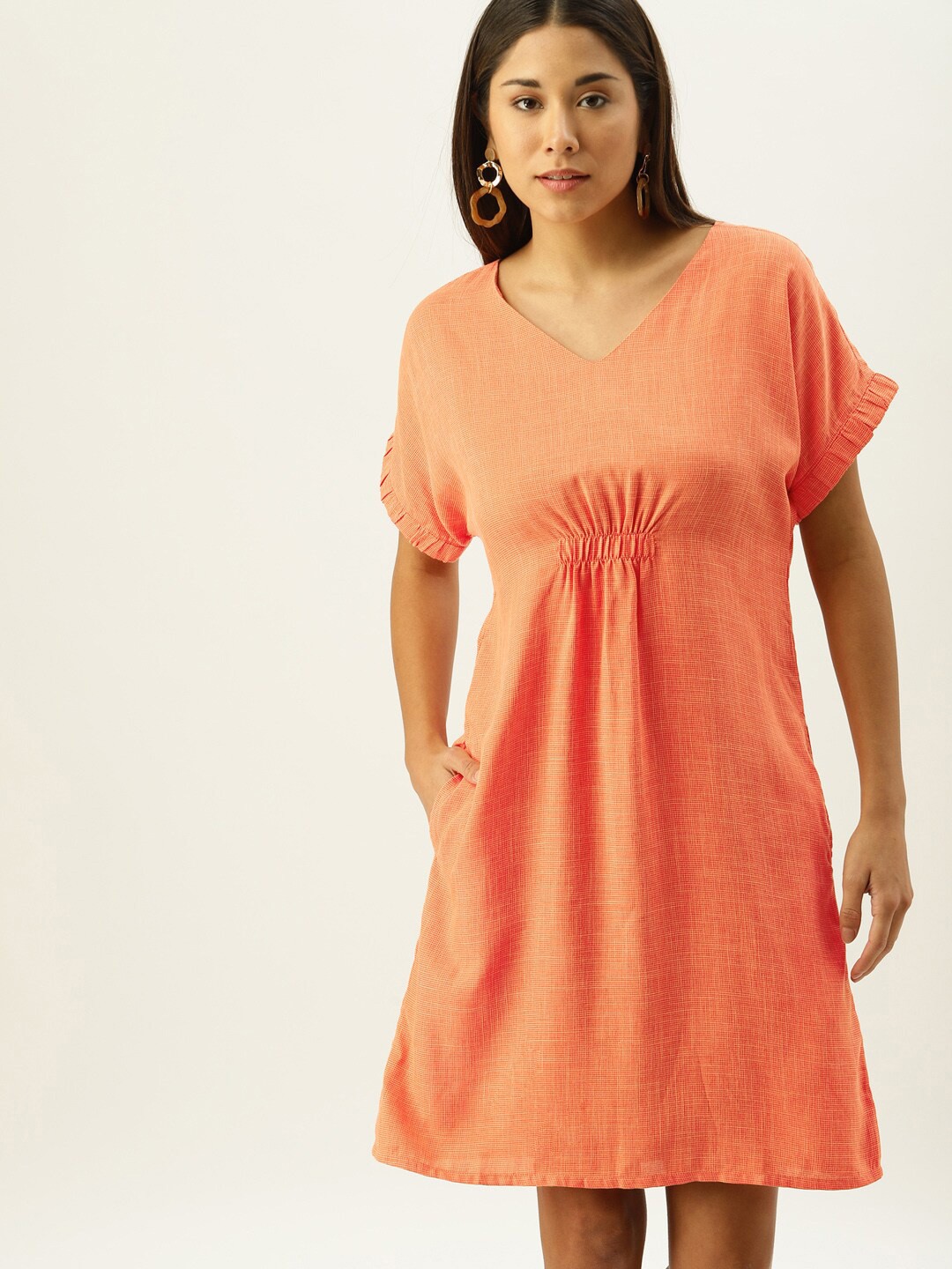 Mast & Harbour Self Design V-Neck Gathered A-Line Dress, Coral