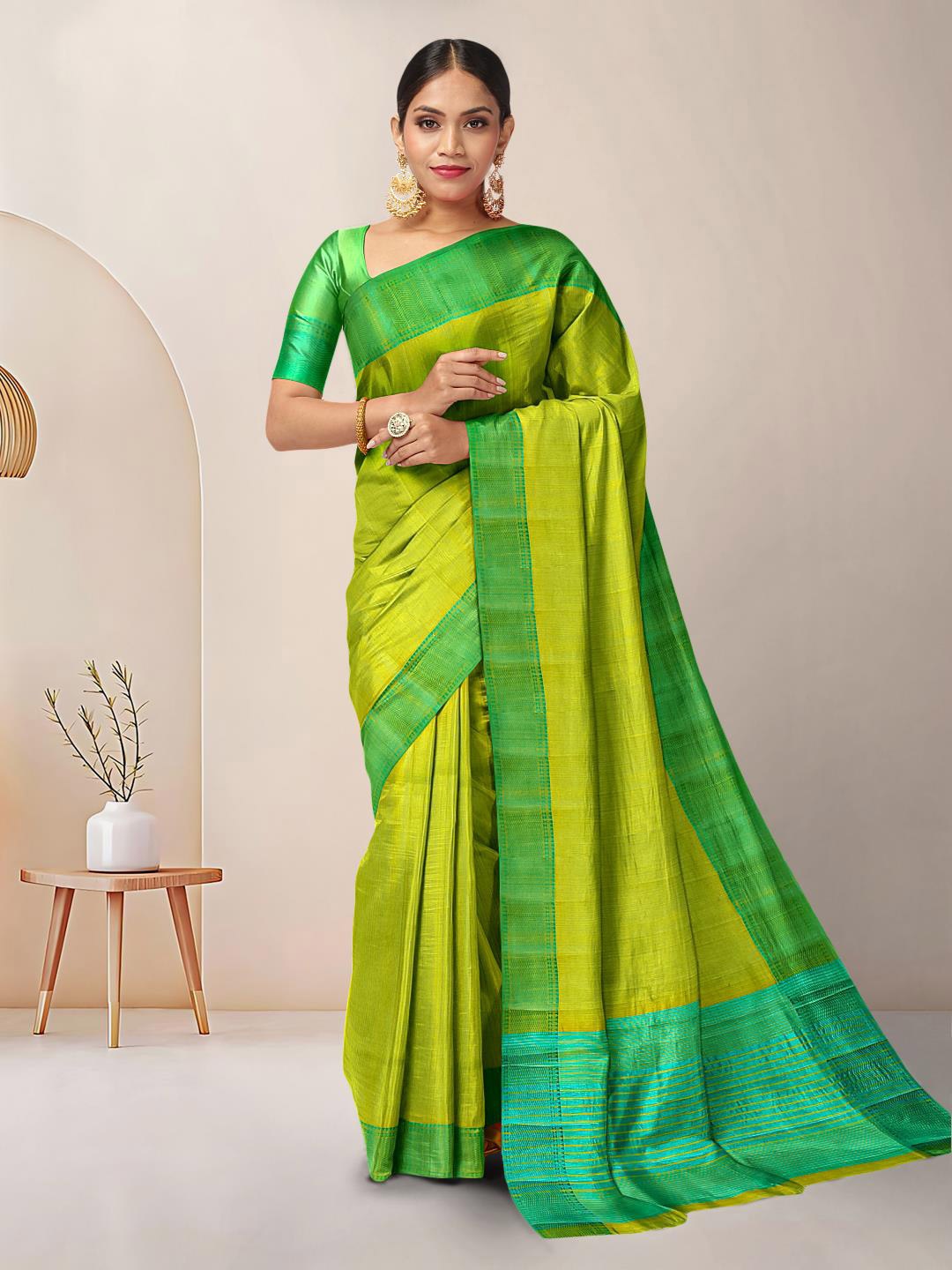Kalamandir Woven Design Border Tussar Silk Saree, Olive
