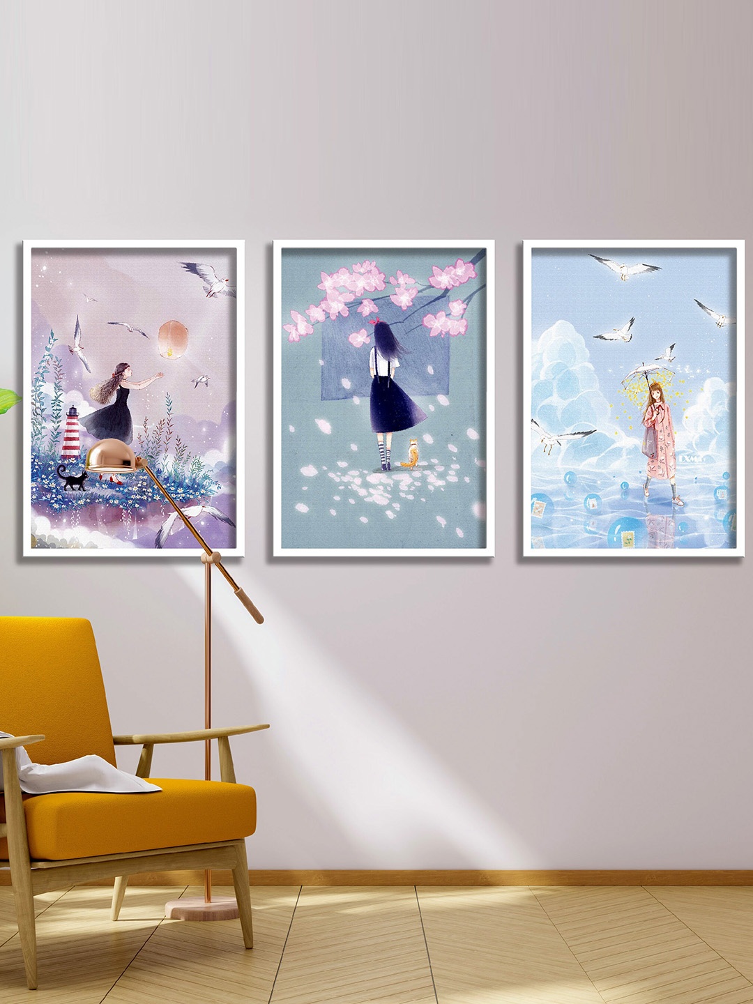 SAF White & Blue 3 Pieces Abstract Painting Framed Wall Arts