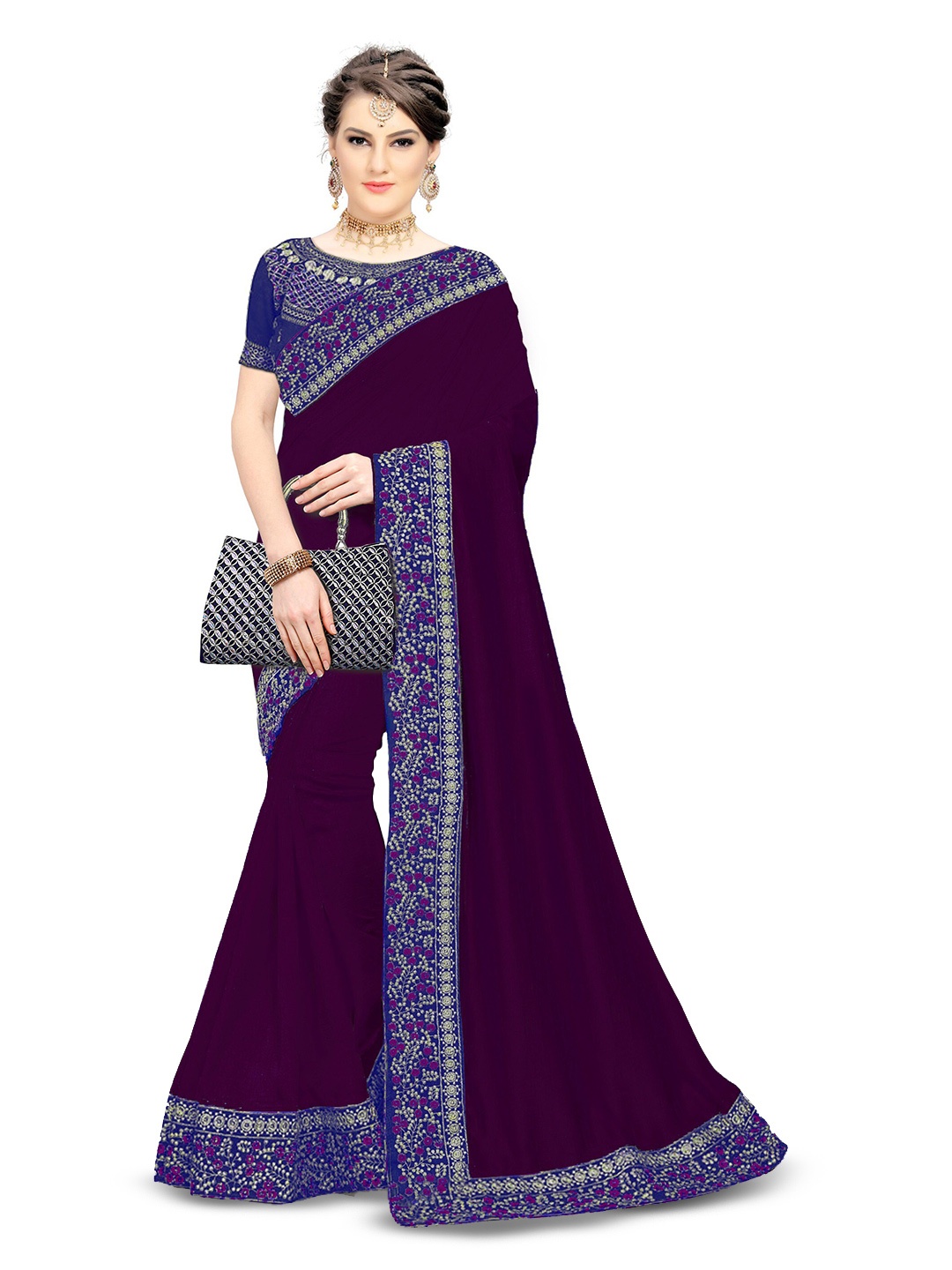 Kedar Fab Ethnic Motifs Embroidered Saree, Purple