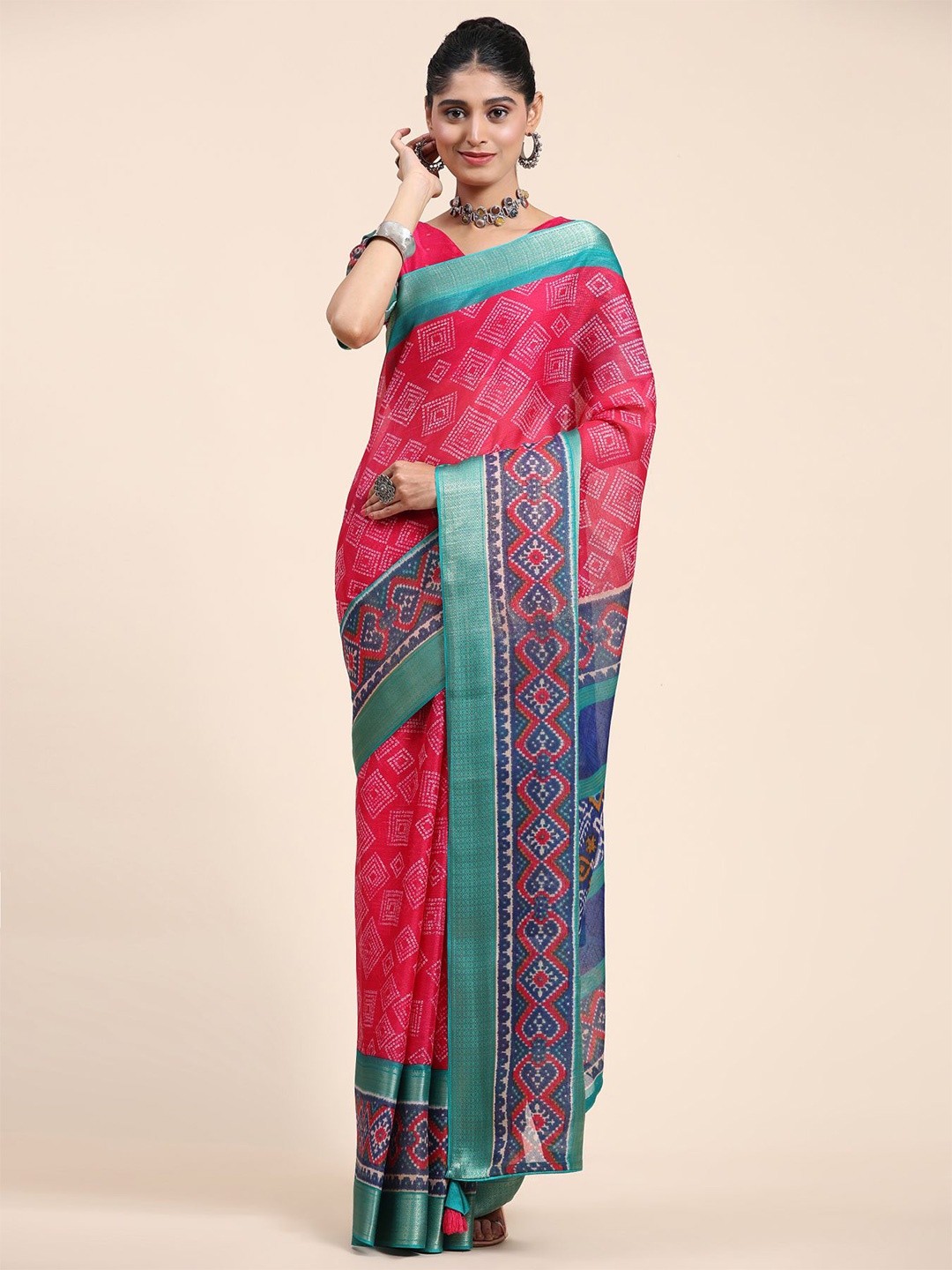 Phenav Ethnic Motifs Printed Zari Saree, Pink