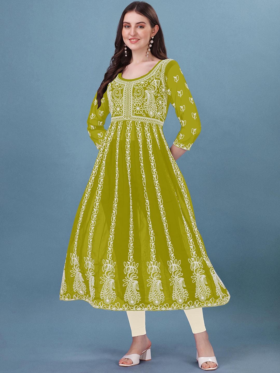 Shree Ramkrishna Fab Ethnic Motifs Embroidered Chikankari Georgette Anarkali Kurta, Olive
Shree Ramkrishna Fab Ethnic Motifs Embroidered Chikankari Georgette Anarkali Kurta, Olive