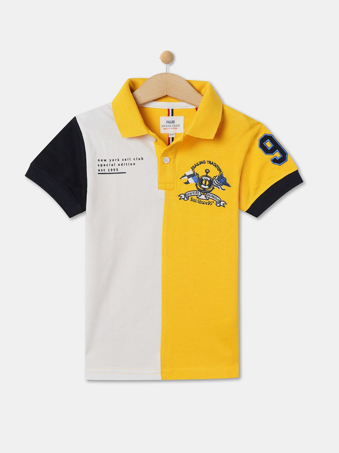 R&B Boys Colourblocked Polo Collar Cotton T-shirt, Yellow