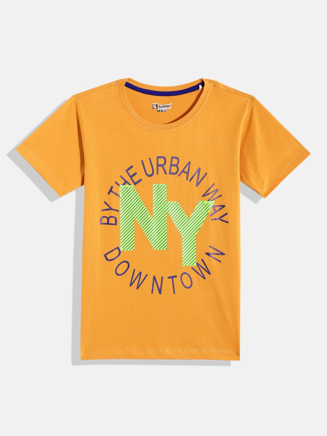 Eteenz Boys Typography Printed Cotton T-shirt, Mustard