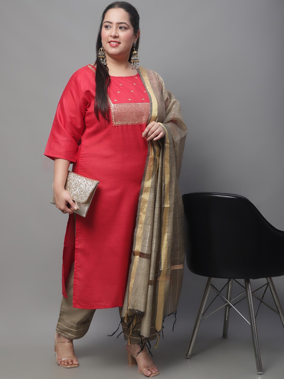 KALINI Women Plus Size Yoke Design Pure Cotton Kurta with Trousers & With Dupatta, Red
KALINI Women Plus Size Yoke Design Pure Cotton Kurta with Trousers & With Dupatta, Red