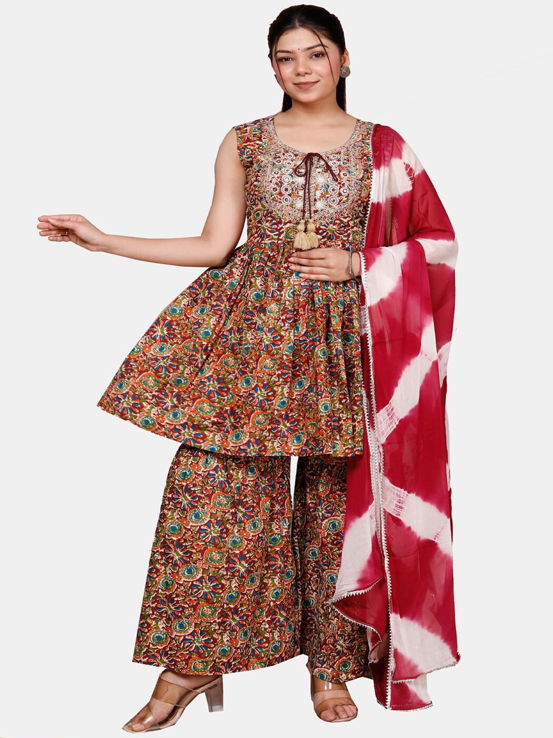 HIGHLIGHT FASHION EXPORT Printed Mirror Work Pure Cotton Kurti with Sharara & Dupatta, Maroon
HIGHLIGHT FASHION EXPORT Printed Mirror Work Pure Cotton Kurti with Sharara & Dupatta, Maroon