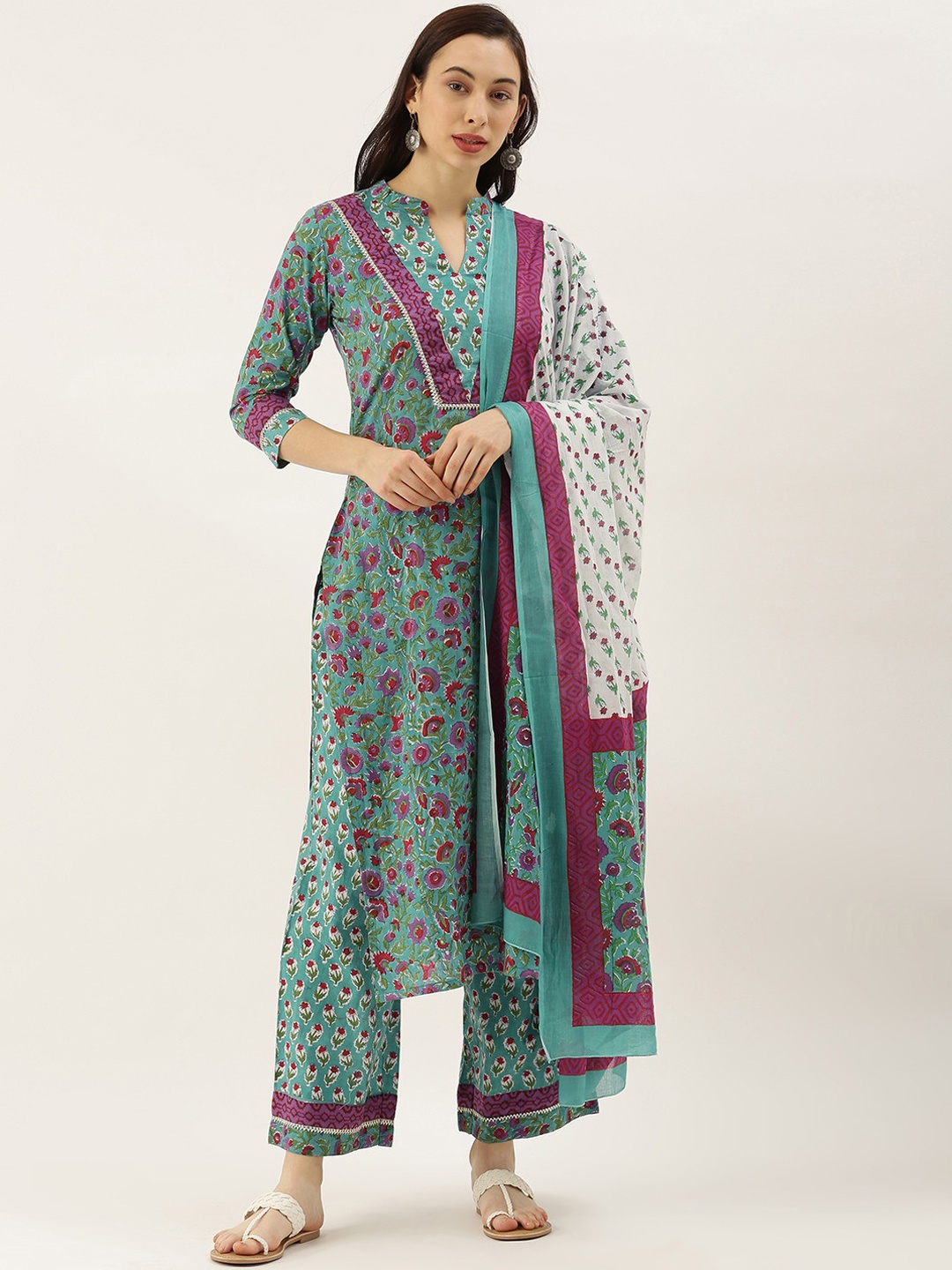 Saanjh Floral Printed Regular Pure Cotton Kurta with Palazzos & Dupatta, Green