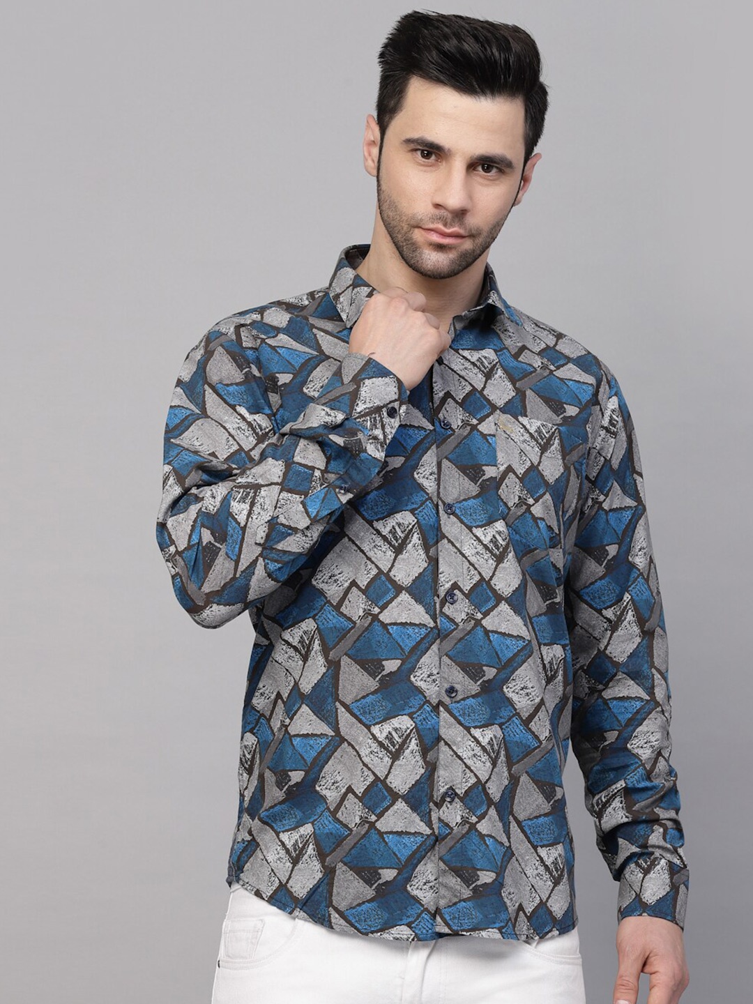VALBONE Geometric Printed Original Opaque Cotton Casual Shirt, Navy blue