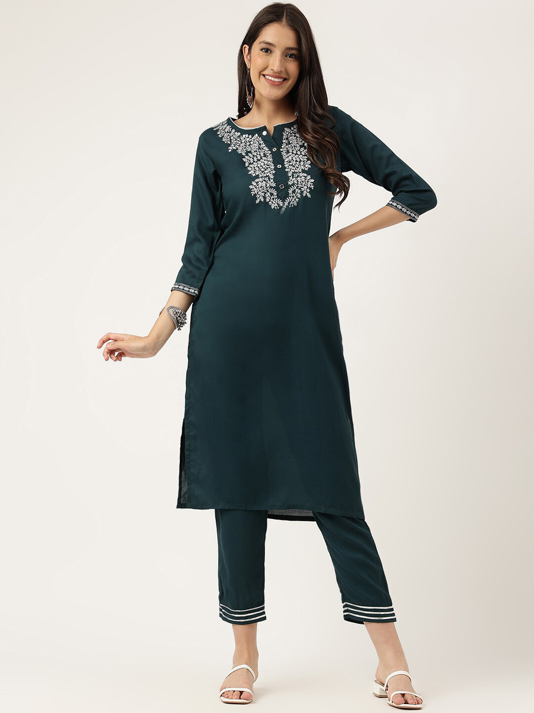 KALINI Ethnic Motifs Yoke Design Regular Thread Work Kurta With Trousers, Teal 
KALINI Ethnic Motifs Yoke Design Regular Thread Work Kurta With Trousers, Teal