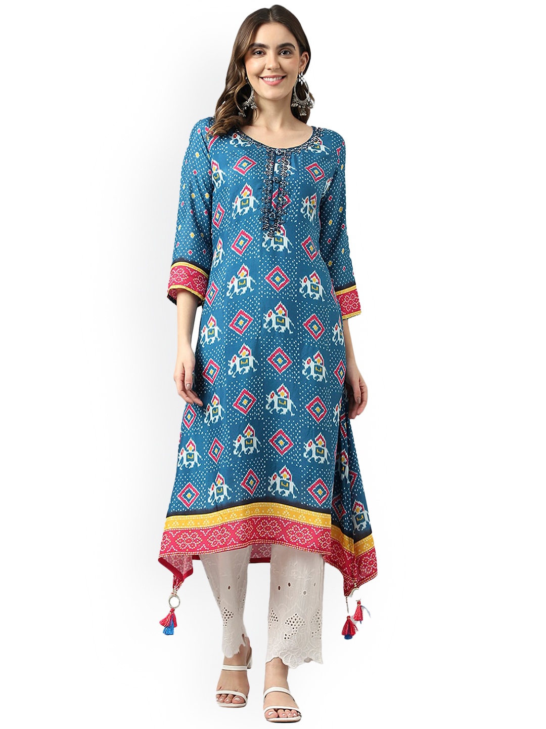 Ishin Blue & White Ethnic Motifs Printed Mirror Work Kurta