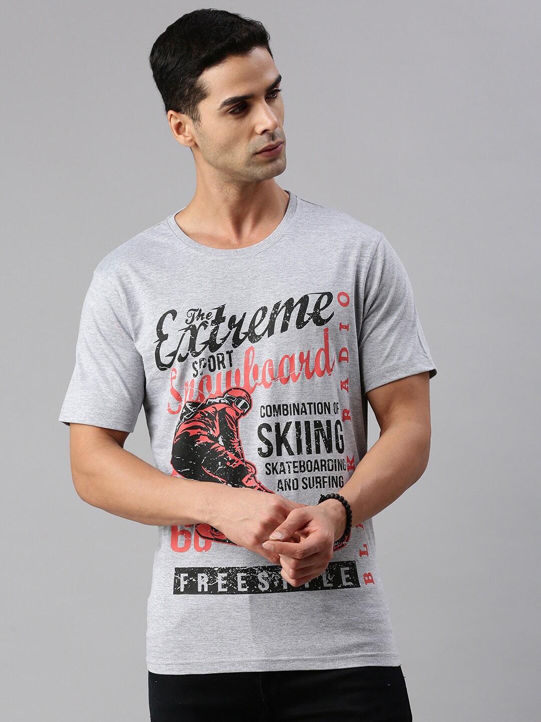 BLACK RADIO Typography Printed Pure Cotton T-shirt, Grey melange