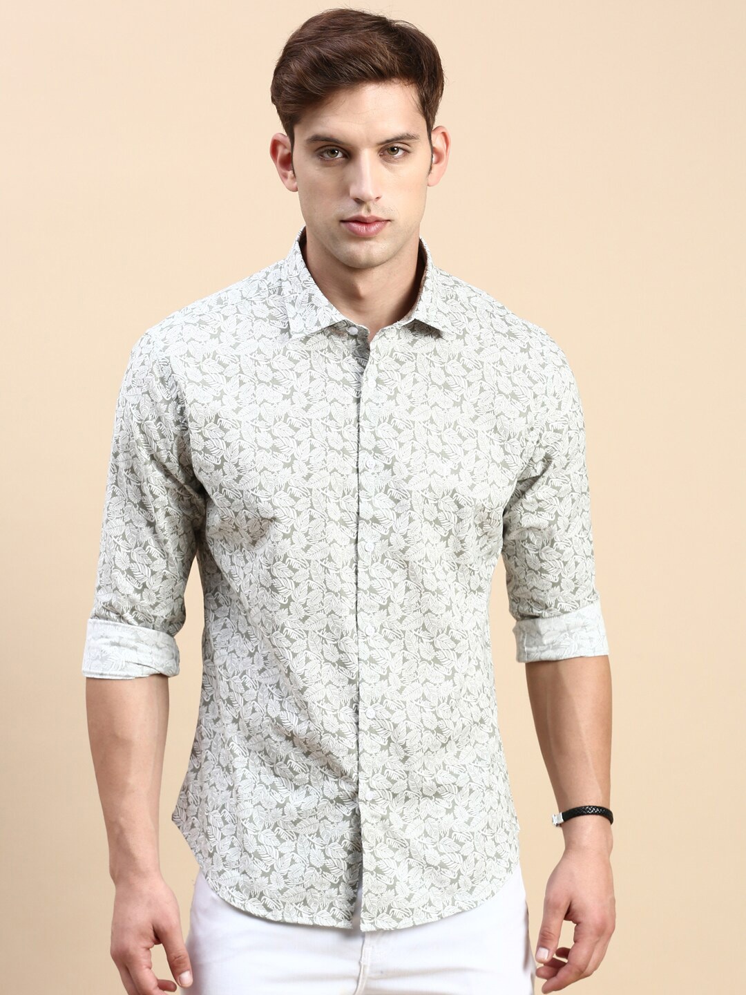SHOWOFF Comfort Slim Fit Floral Printed Cotton Casual Shirt, Green