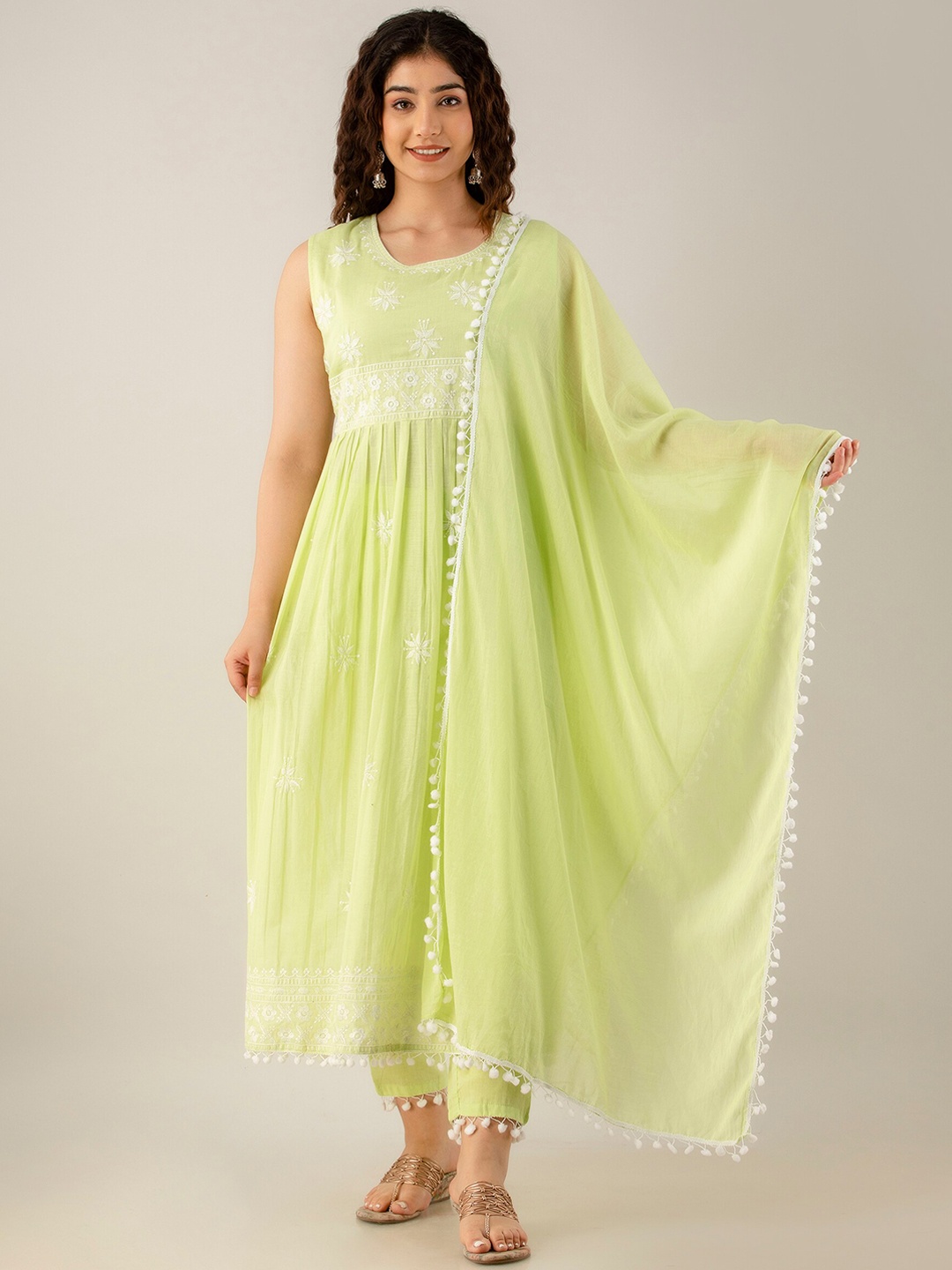 Charu Ethnic Motifs Embroidered Empire Pure Cotton A-line Kurta With Trousers & Dupatta, Lime green
Charu Ethnic Motifs Embroidered Empire Pure Cotton A-line Kurta With Trousers & Dupatta, Lime green
