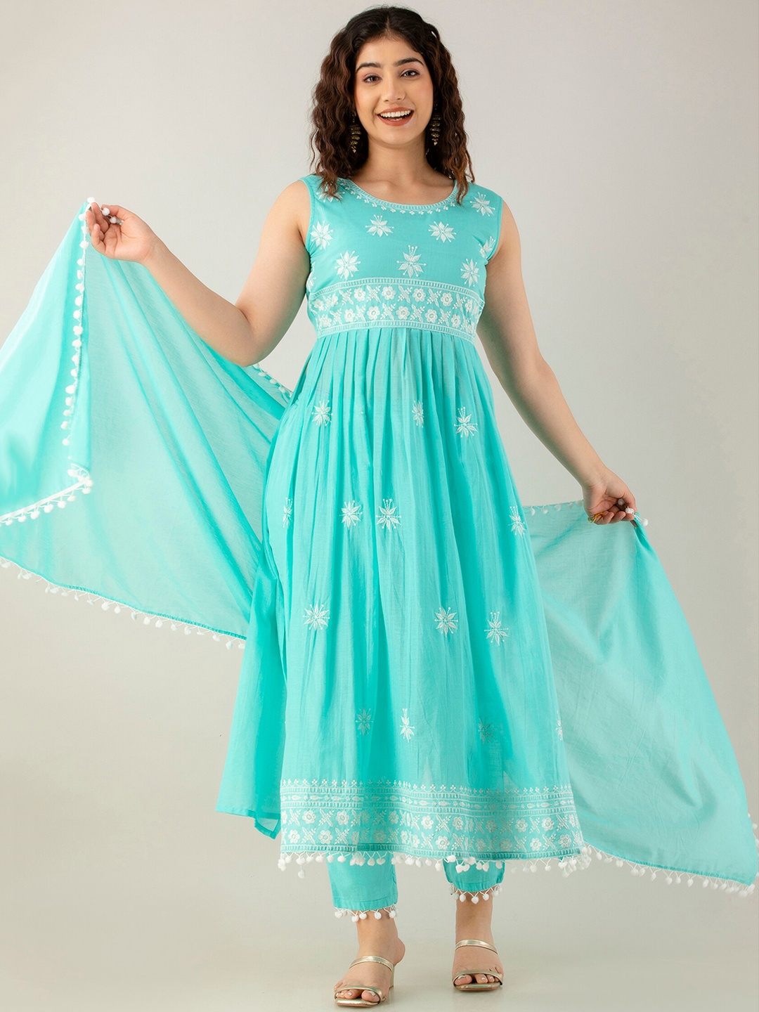 Charu Embroidered Empire Thread Work Pure Cotton A-line Kurta With Trousers & Dupatta, Turquoise blue
Charu Embroidered Empire Thread Work Pure Cotton A-line Kurta With Trousers & Dupatta, Turquoise blue