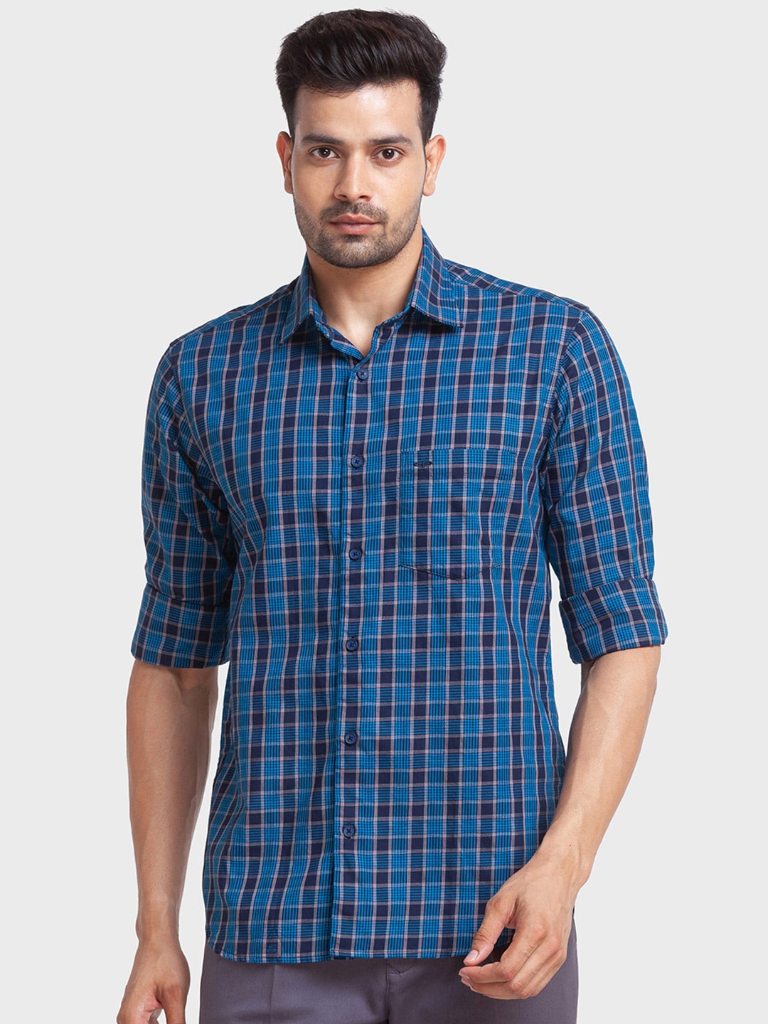 ColorPlus Tartan Checked Cotton Casual Shirt, Blue