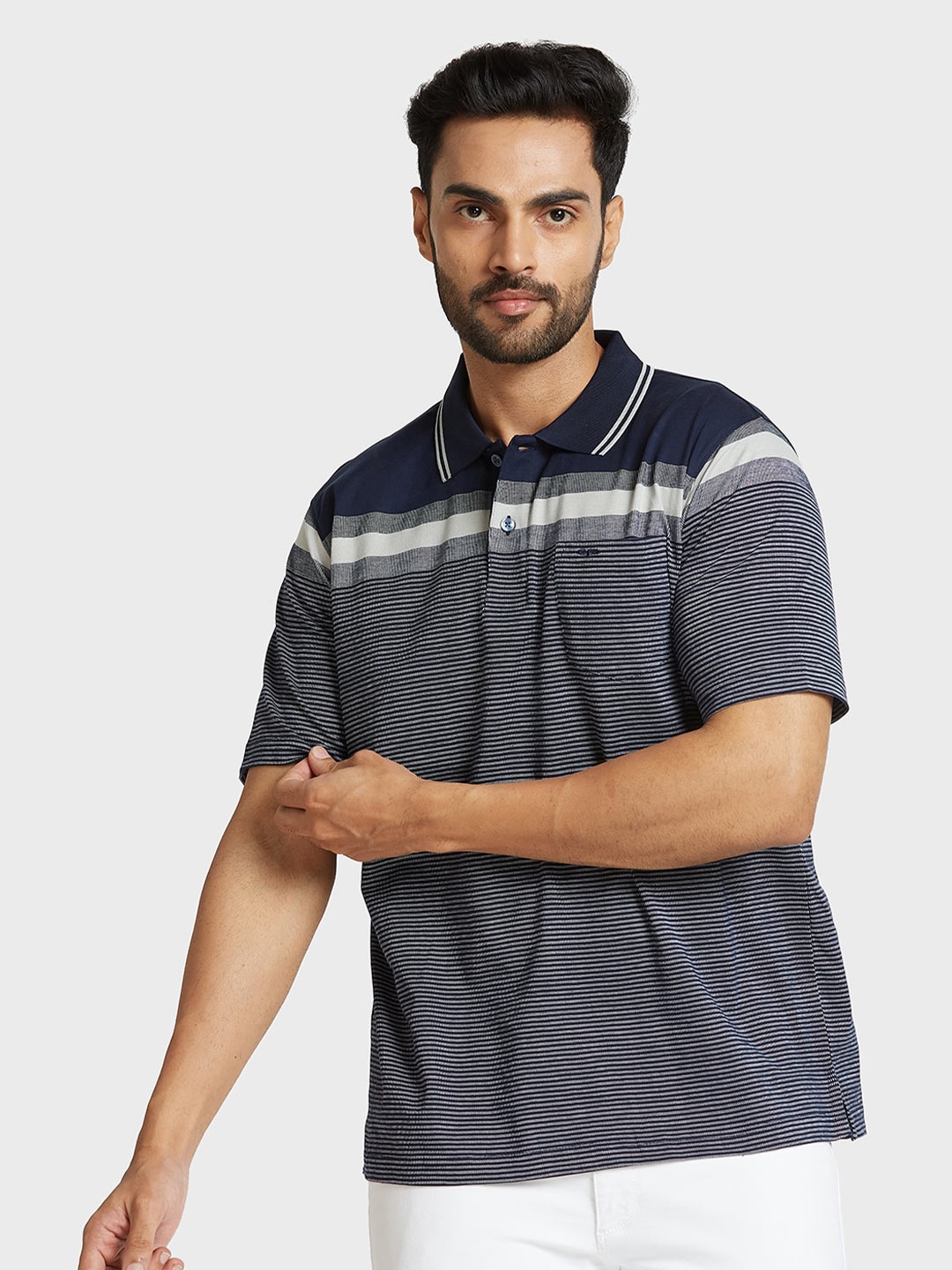 ColorPlus Striped Polo Collar Cotton T-shirt, Navy blue