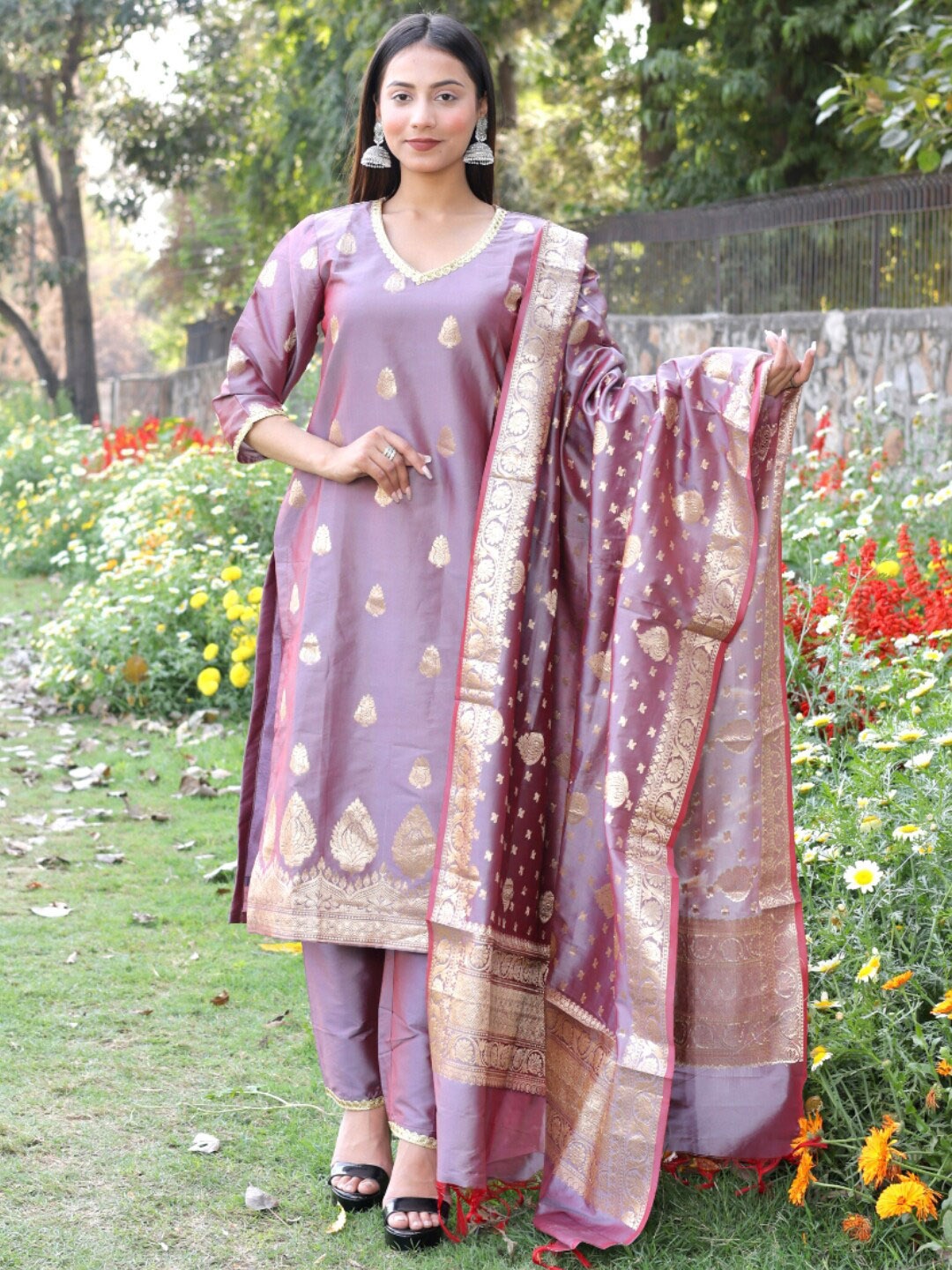Chhabra 555 Lavender Woven-Design Two-Toned Banarasi Kurta With Trouser & Dupatta, Purple
Chhabra 555 Lavender Woven-Design Two-Toned Banarasi Kurta With Trouser & Dupatta, Purple