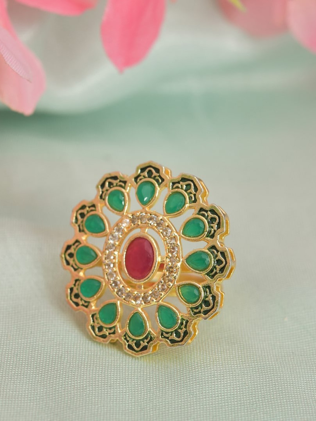 ROHINIKA Gold-Plated Crystal Kundan American Diamond Studded Adjustable Finger Ring
ROHINIKA Gold-Plated Crystal Kundan American Diamond Studded Adjustable Finger Ring
