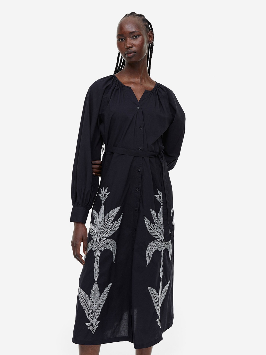 H&M Embroidered Pure Cotton Dress, Black
