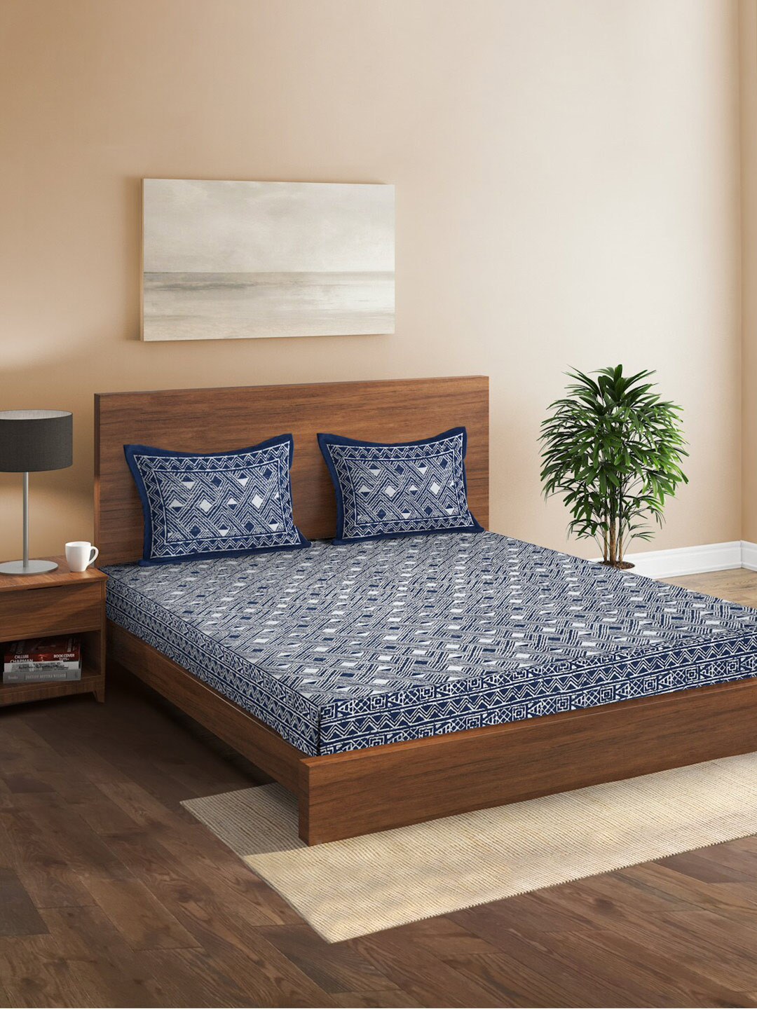 Sangria Blue & White Geometric-Printed 180TC Cotton King Bedsheet & 2 Pillow Covers
Sangria Blue & White Geometric-Printed 180TC Cotton King Bedsheet & 2 Pillow Covers