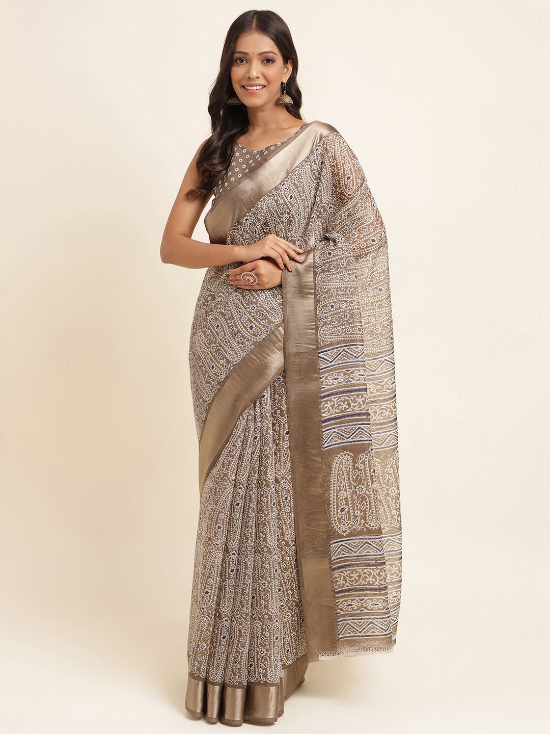 KALINI Paisley Printed Zari Silk Cotton Saree, Beige