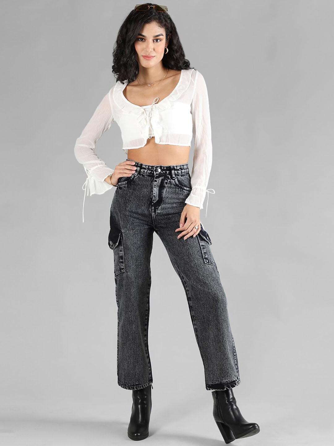 HONNETE Women Comfort Straight Fit High-Rise Heavy Fade Pure Cotton Cargo Jeans, Black
HONNETE Women Comfort Straight Fit High-Rise Heavy Fade Pure Cotton Cargo Jeans, Black