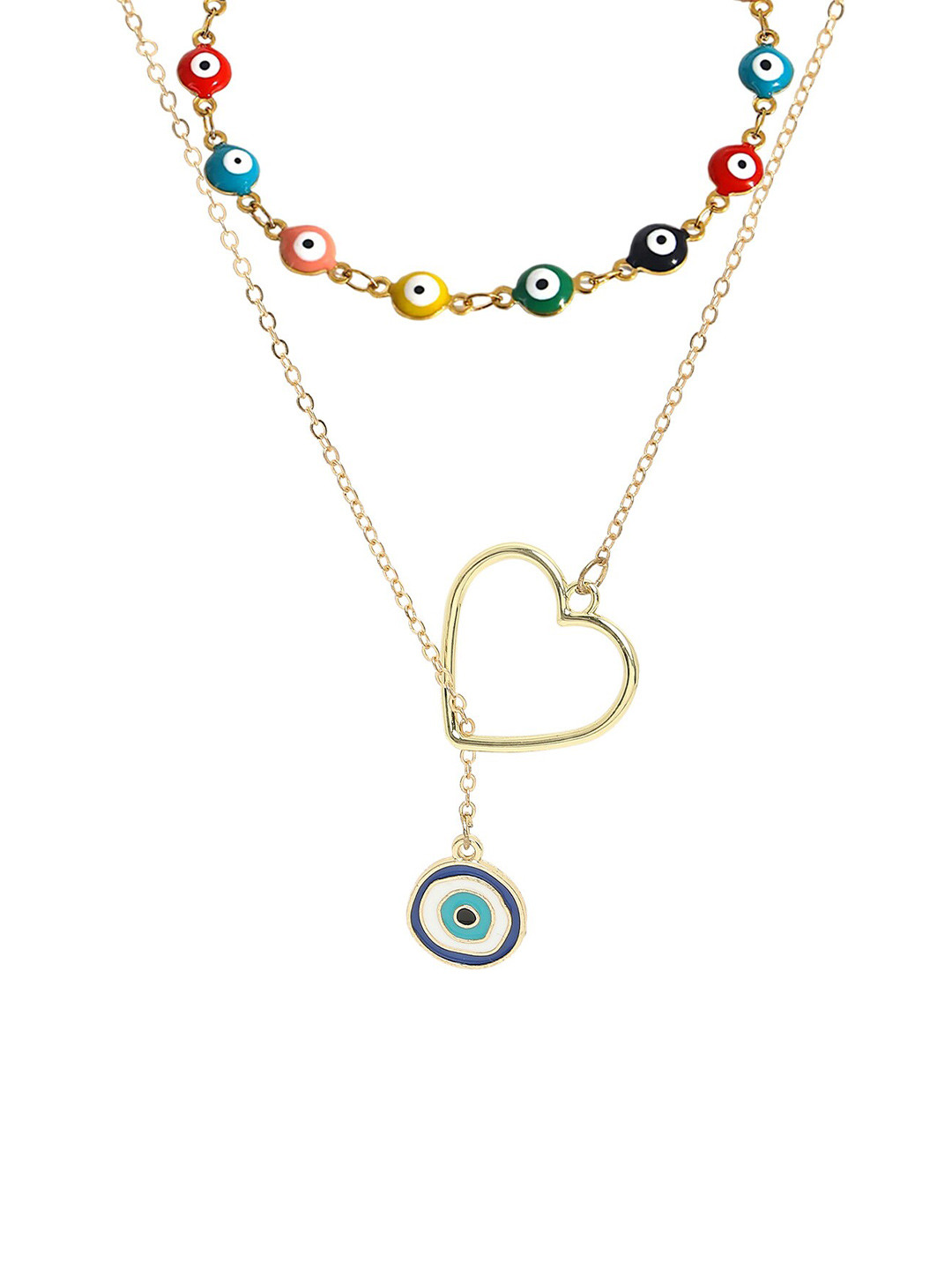 OOMPH Set of 2 Evil Eye Multicolor Beads Choker & Heart Lariat Necklace, Gold 
OOMPH Set of 2 Evil Eye Multicolor Beads Choker & Heart Lariat Necklace, Gold
