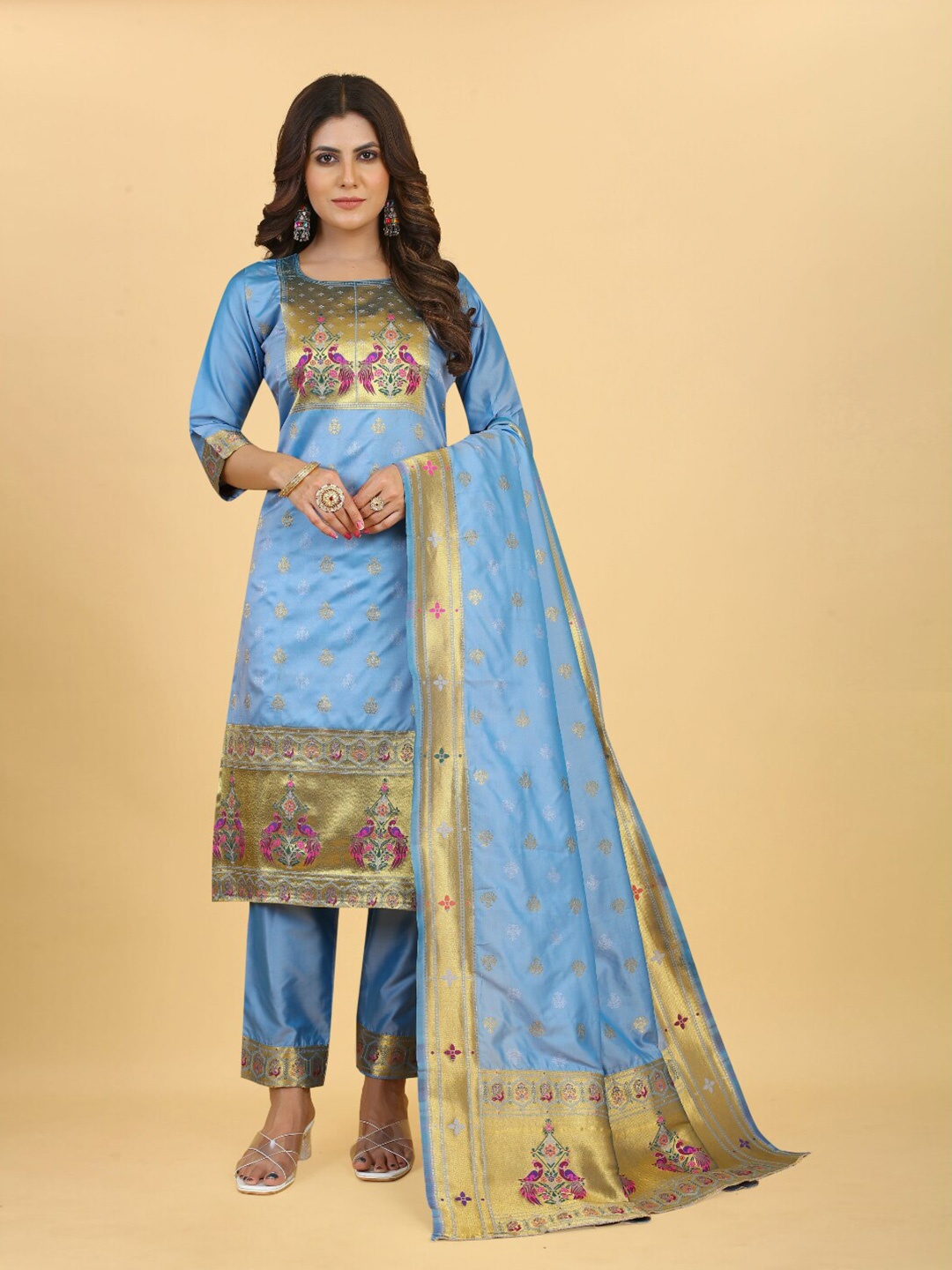 Angroop Woven Design Unstitched Dress Material, Blue
