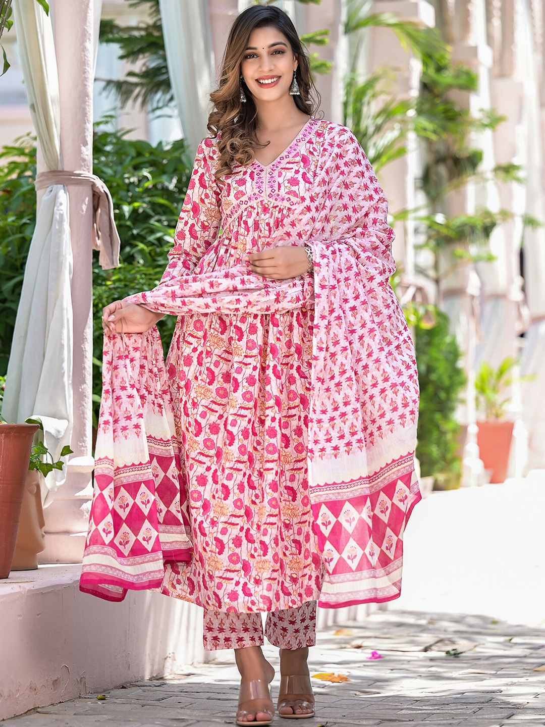 NITVAN Ethnic Motifs Printed Mirror Work Pure Cotton Kurta With Trousers & Dupatta, Pink
NITVAN Ethnic Motifs Printed Mirror Work Pure Cotton Kurta With Trousers & Dupatta, Pink