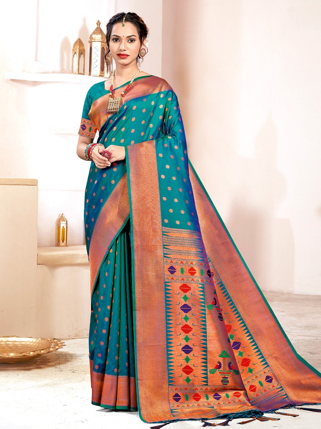 SANGAM PRINTS Ethnic Motifs Woven Design Zari Silk Blend Paithani Saree, Teal
SANGAM PRINTS Ethnic Motifs Woven Design Zari Silk Blend Paithani Saree, Teal