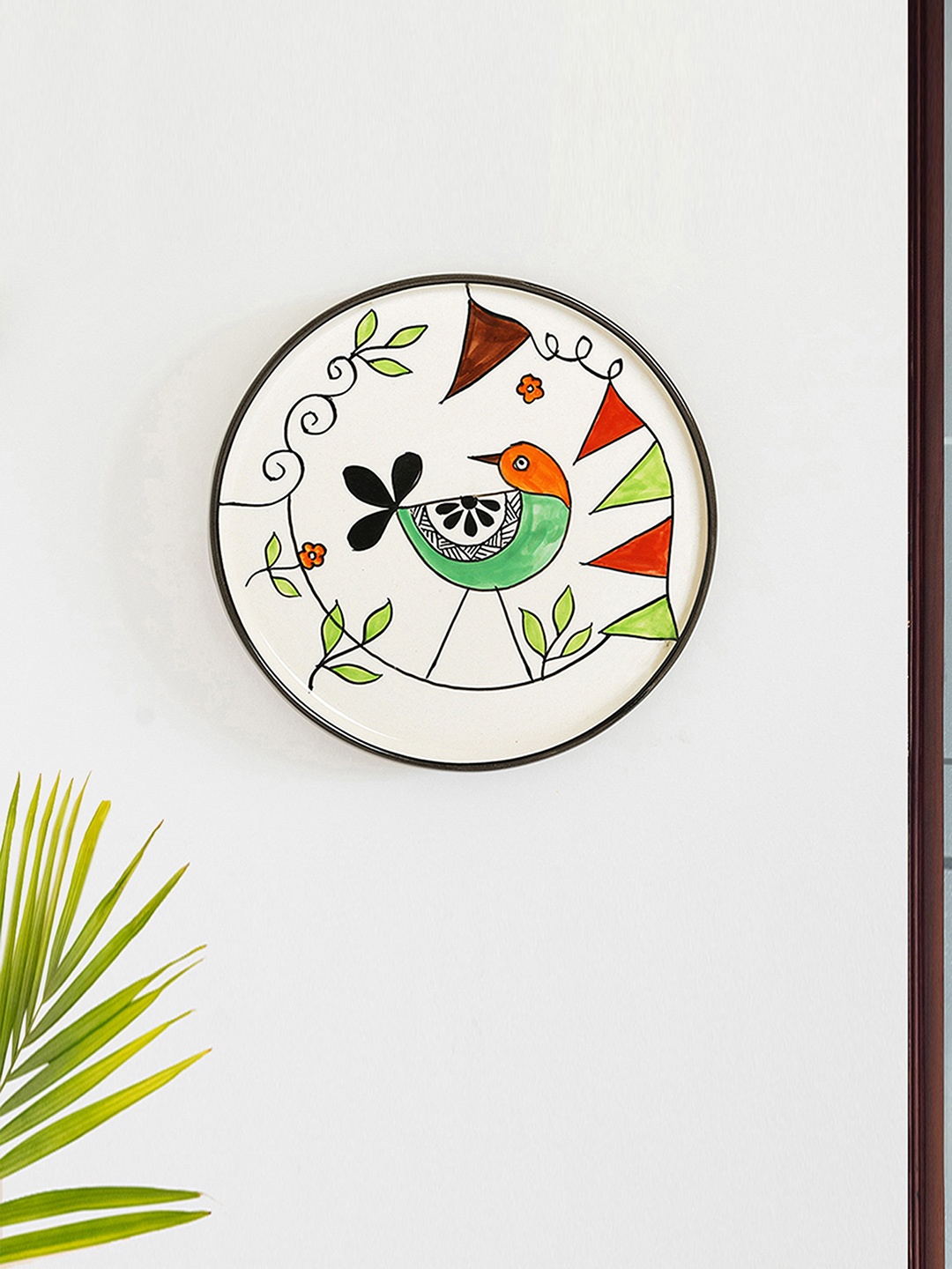 ExclusiveLane Artisanal White & Green Printed Panchhi Ceramic Wall Plate, Off white